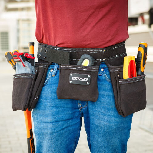 10260B • Profesionálny kožený opasok na náradie – 7 vreciek, 1 držiak na kladivo, 4 držiaky na ceruzky