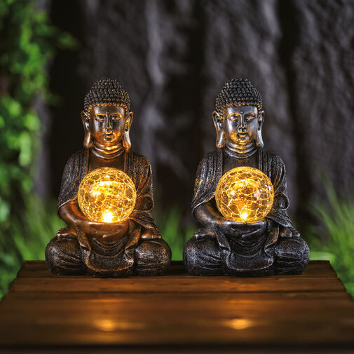11268 • Solárny Buddha – 1 teplá biela LED – živica – 17 x 15 x 26 cm – 2 druhy