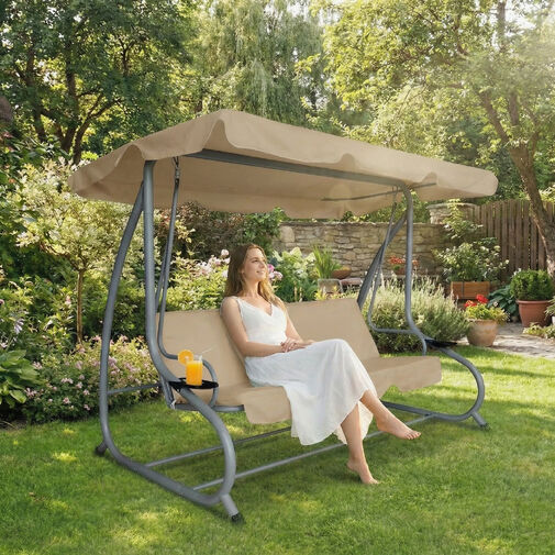 11493A • Záhradná hojdačka - 200 x 120 x 164 cm - tmavobéžová - s držiakom na pohár