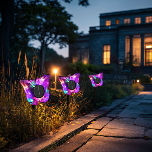 11749A • Zapichovacia solárna lampa – motýľ – fialový – 13 x 6,5 x 35 cm – teplá biela + farebné LED