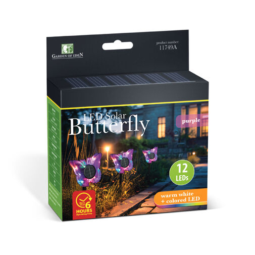 11749A • Zapichovacia solárna lampa – motýľ – fialový – 13 x 6,5 x 35 cm – teplá biela + farebné LED