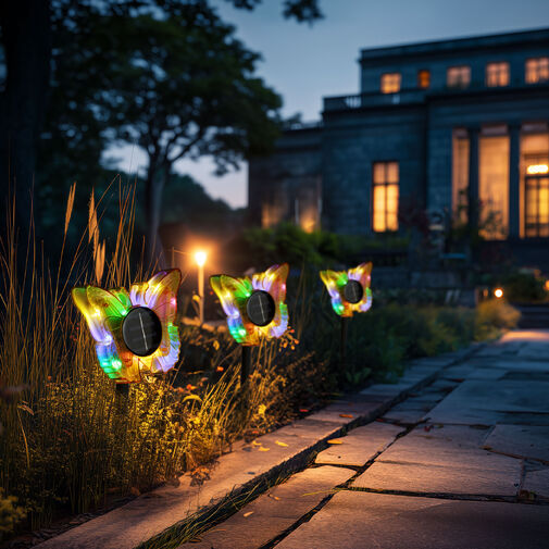 11749B • Zapichovacia solárna lampa – motýľ – žltý – 13 x 6,5 x 35 cm – teplá biela + farebné LED