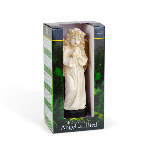 13002C • Solárny anjelik – s vtáčikom – 1 teplobiela LED – živica – 48 x 11 x 6,5 cm