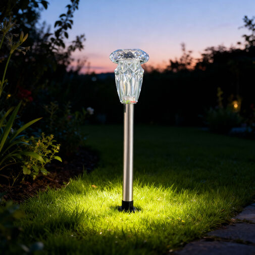 13014 • Zapichovacia solárna lampa – 1× teplá biela – chróm – 6 x 38,5 cm