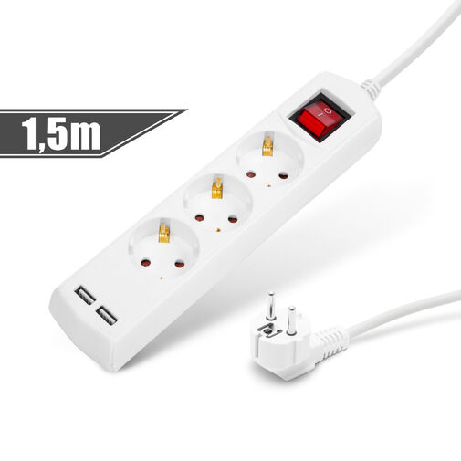 20221U • Predlžovačka s 3 zásuvkami - 3 x 1,5 mm - 1,5 m - 2 x USB - s vypínačom