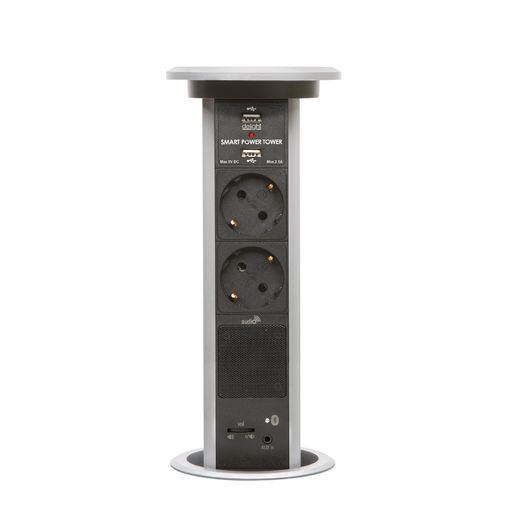 20450BS • Skrytá predlžovačka so zabudovaným motorom - s bluetooth-om strieborná >2 x 250V + 2 x USB + AUX