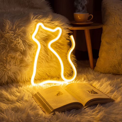 43996G • Neónová LED lampa - teplobiela mačka - 3 x AA + USB - 17 x 1,6 x 23,3 cm