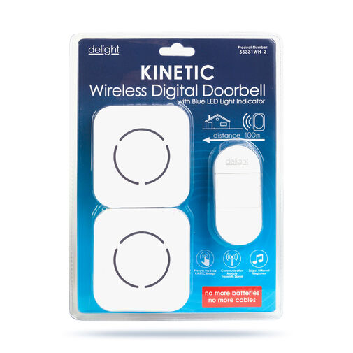 55331WH-2 • Digitálny bezbatériový a bezdrôtový zvonček – Kinetický – 2 vnútorné jednotky – biely – modrá LED