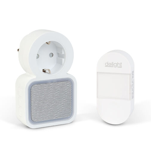 55338 • Digitálny bezbatériový a bezdrôtový zvonček – Kinetický – do zásuvky 220–240V AC – biely – modrá LED