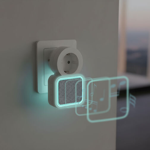 55338 • Digitálny bezbatériový a bezdrôtový zvonček – Kinetický – do zásuvky 220–240V AC – biely – modrá LED