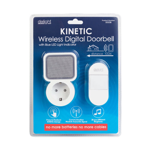 55338 • Digitálny bezbatériový a bezdrôtový zvonček – Kinetický – do zásuvky 220–240V AC – biely – modrá LED