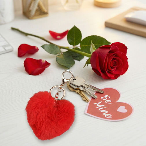 56101 • Prívesok na kľúče - v tvare srdca - plyš, červený - 13 x 10 cm
