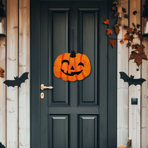 56573 • Halloweenská dekorácia - tekvica - závesná - drevená - 30 x 25 cm  