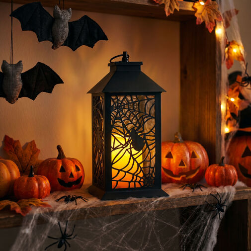 56621B • Halloweenová blikajúca lampáš - pavúk - na batérie - čierna - 30 x 14 cm