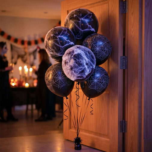 56637 • Halloweenová súprava balónov s pavučinou - 5 balónov + 10 g umelej pavučiny + 10 pavúkov