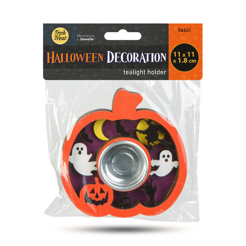 56641 • Halloweenska dekorácia - držiak na čajovú sviečku - tekvica - MDF - 11 x 11 x 1,8 cm