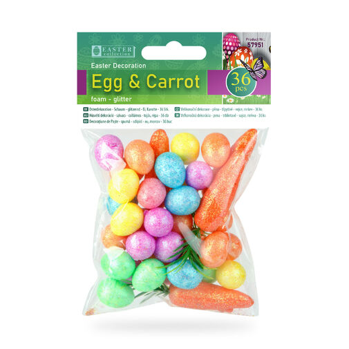 57951 • Veľkonočná dekorácia - pena - trblietavé - vajce, mrkva - 36 ks / balenie