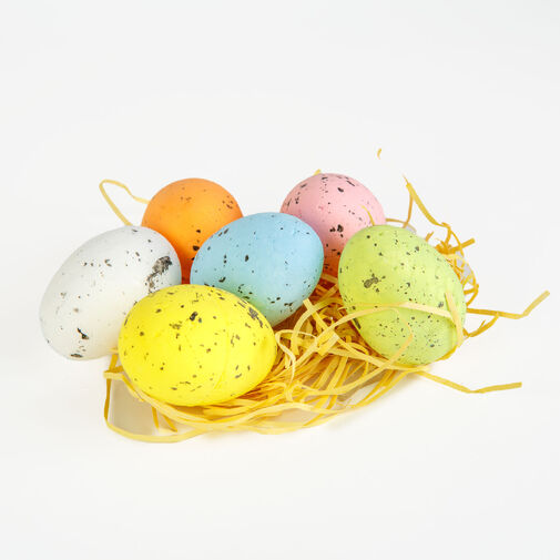 57952 • Veľkonočná dekorácia – vajíčka s papierovou trávou – pastelové farby – 4 x 6 cm – 6