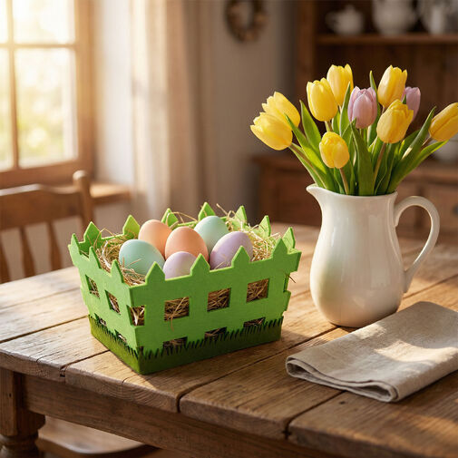 57962 • Veľkonočná dekorácia - filcový košík - v tvare plota - 19,5 x 13,2 x 11,7 cm