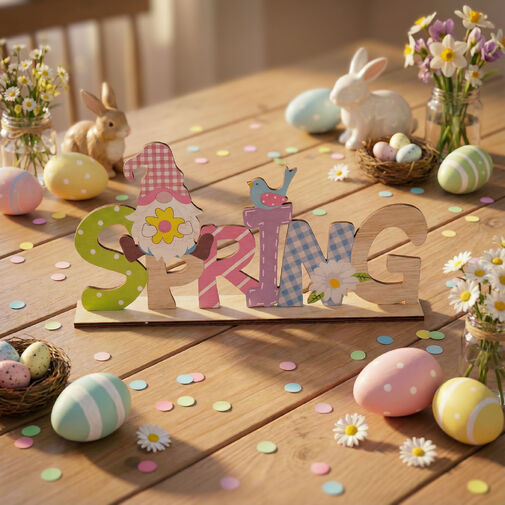 57968B • Jarná ležiaca stolová dekorácia z dreva - so škriatkom