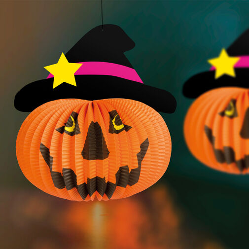 58137B • Halloweensky tekvicový lampión - s klobúkom - zavesiteľný - 26 cm