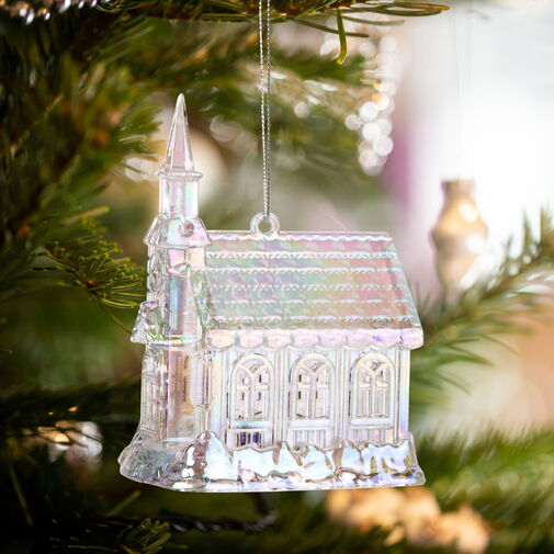 58516 • Vianočná ozdoba - irizujúci, akrylový kostol - 75 x 100 x 60 mm