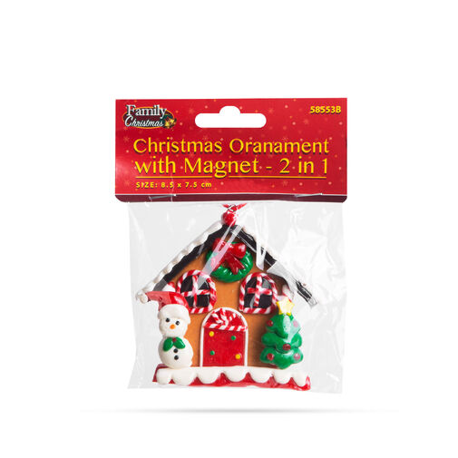 58553B • Vianočná magnetická dekorácia - 2 v 1 - medovníkový domček so snehuliakom - 85 x 75 mm
