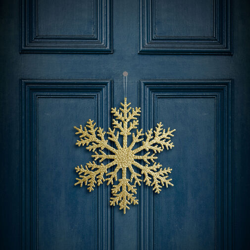 59704A • Vianočná dekorácia – snehová vločka – trblietavá zlatá – závesná – 31 cm