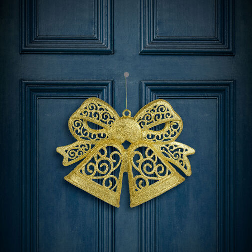 59705A • Vianočná dekorácia, mašľa, závesná, s trblietkami, zlatá, 35 cm