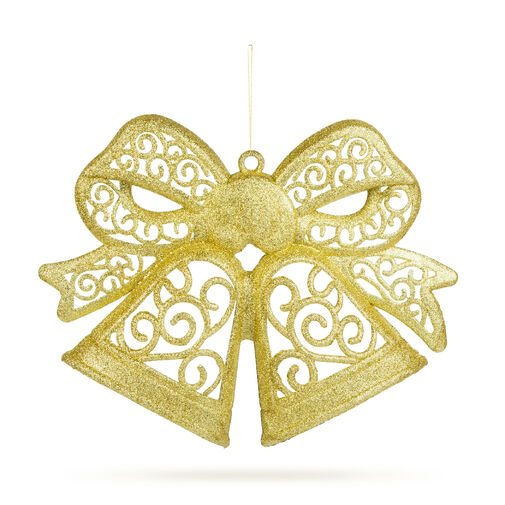 59705A • Vianočná dekorácia, mašľa, závesná, s trblietkami, zlatá, 35 cm