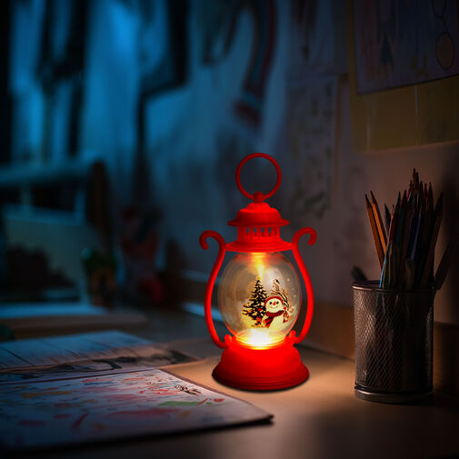 59719B • Vianočná dekorácia – lampáš – snehuliak – červená – 16,5 x 7 cm – 3 x LR44