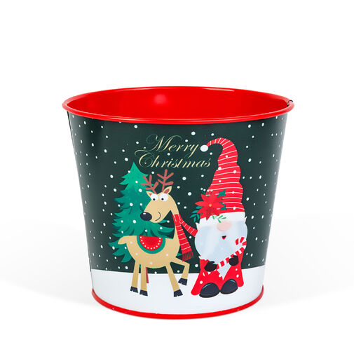 59724B • Vianočná dekorácia - kovový kvetináč, vedierko - škriatok - 13 x 11 cm