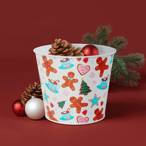 59733A • Vianočná dekorácia - kovový kvetináč, vedierko - perníček - 13 x 11 cm