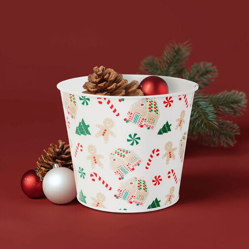 59733B • Vianočná dekorácia - kovový kvetináč, vedierko - domček - 13 x 11 cm