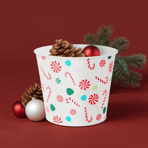 59733C • Vianočná dekorácia - kovový kvetináč, vedierko - cukrová palica - 13 x 11 cm