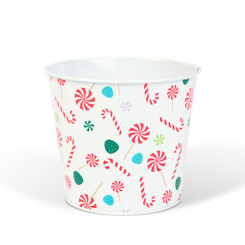 59733C • Vianočná dekorácia - kovový kvetináč, vedierko - cukrová palica - 13 x 11 cm