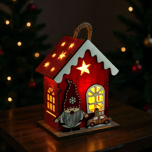 59746 • Vianočná LED dekorácia - domček so škriatkom - teplá biela LED, červená - 7,5 x 5 x 10 cm - 2 druhy