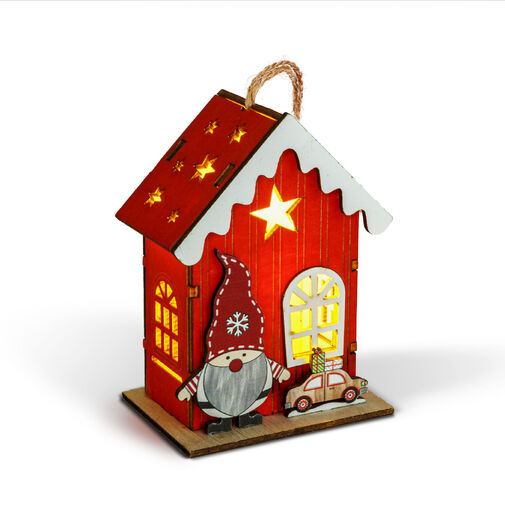 59746 • Vianočná LED dekorácia - domček so škriatkom - teplá biela LED, červená - 7,5 x 5 x 10 cm - 2 druhy