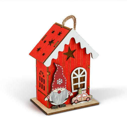 59746 • Vianočná LED dekorácia - domček so škriatkom - teplá biela LED, červená - 7,5 x 5 x 10 cm - 2 druhy