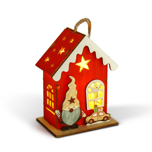 59746 • Vianočná LED dekorácia - domček so škriatkom - teplá biela LED, červená - 7,5 x 5 x 10 cm - 2 druhy