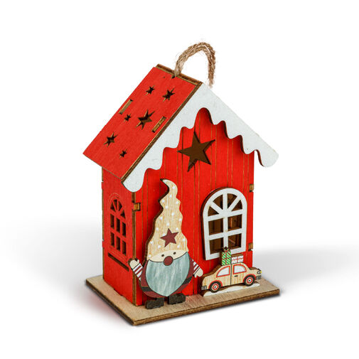 59746 • Vianočná LED dekorácia - domček so škriatkom - teplá biela LED, červená - 7,5 x 5 x 10 cm - 2 druhy