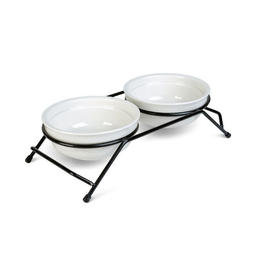 60058 • Zvýšený stojan na kŕmenie s keramickými miskami – biele misky – 30 x 14 x 7,5 cm
