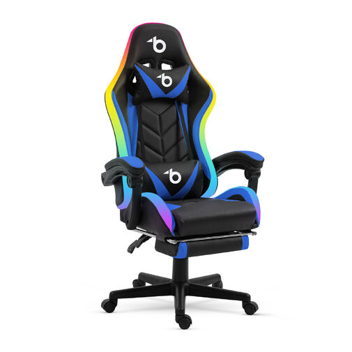 BMD1115BL • RGB LED gamer stolička s vankúšom, opierkou  - čierna / modrá