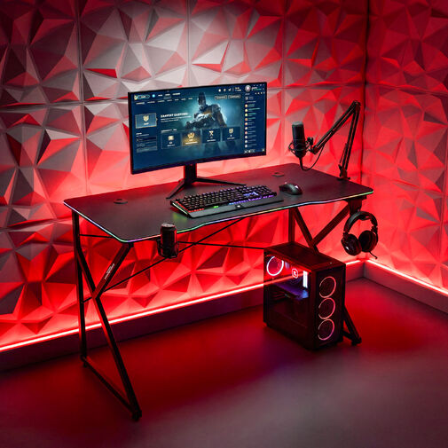 BMD1127BK • Herný stôl - 120 x 60 x 75 cm - RGB LED, USB, držiak na pohár, držiak na slúchadlá, 15 mm MDF-čierny