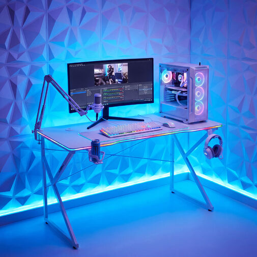 BMD1127WH • Herný stôl - 120 x 60 x 75 cm - RGB LED, USB, držiak na pohár, držiak na slúchadlá, 15 mm MDF-biely