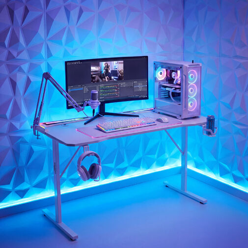 BMD1128WH • Herný stôl - 120 x 60 x 75 cm - RGB LED, USB, držiak na pohár, držiak na slúchadlá, karbónový-biely