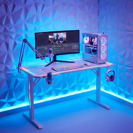 BMD1129WH • SK: Herný stôl - 120 x 60 x 75 cm - RGB LED, USB, držiak na nápoj, držiak na slúchadlá, 5 mm sklo