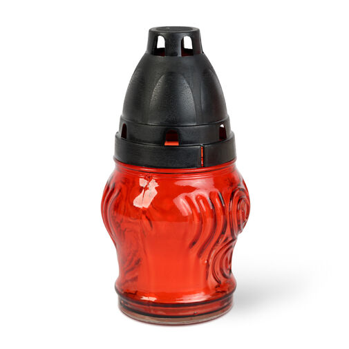 TW1013 • Sklenený kahánok s plastovým viečkom, Farba skla: červená, Farba viečka: čierna - 14 cm