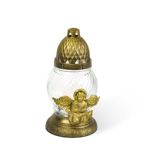 TW1015 • Sklenená kahancia s anjelom a plastovým viečkom, farba skla: biela, farba viečka: čierna zlatá antik