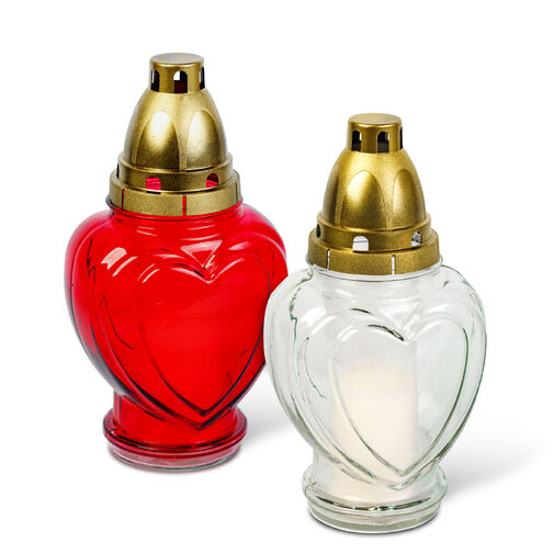 TW1018 • Sklenený kahance TVAR SRDCA s plastovým viečkom, červeno-biely - 21,7 cm